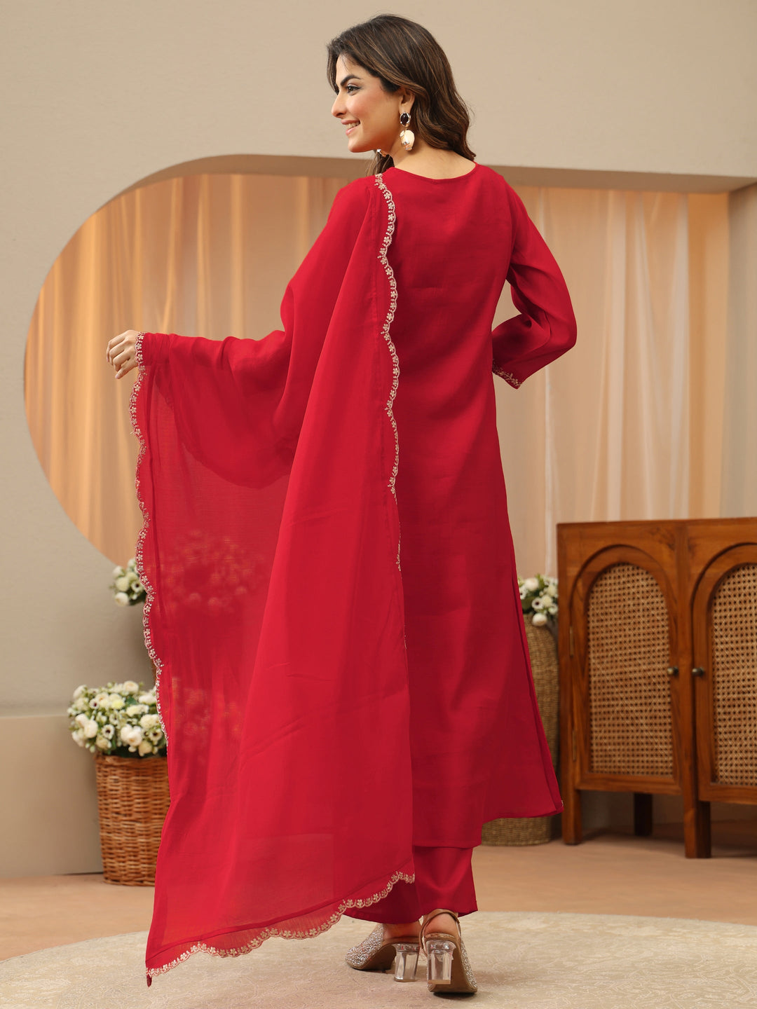  Red Embellished Yoke Silk Blend A-Line Suit Set 