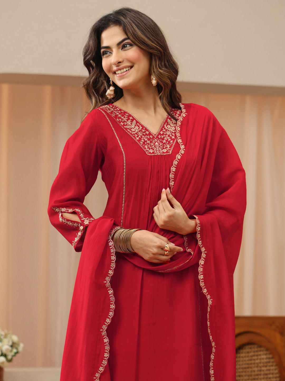  Red Embellished Yoke Silk Blend A-Line Suit Set 