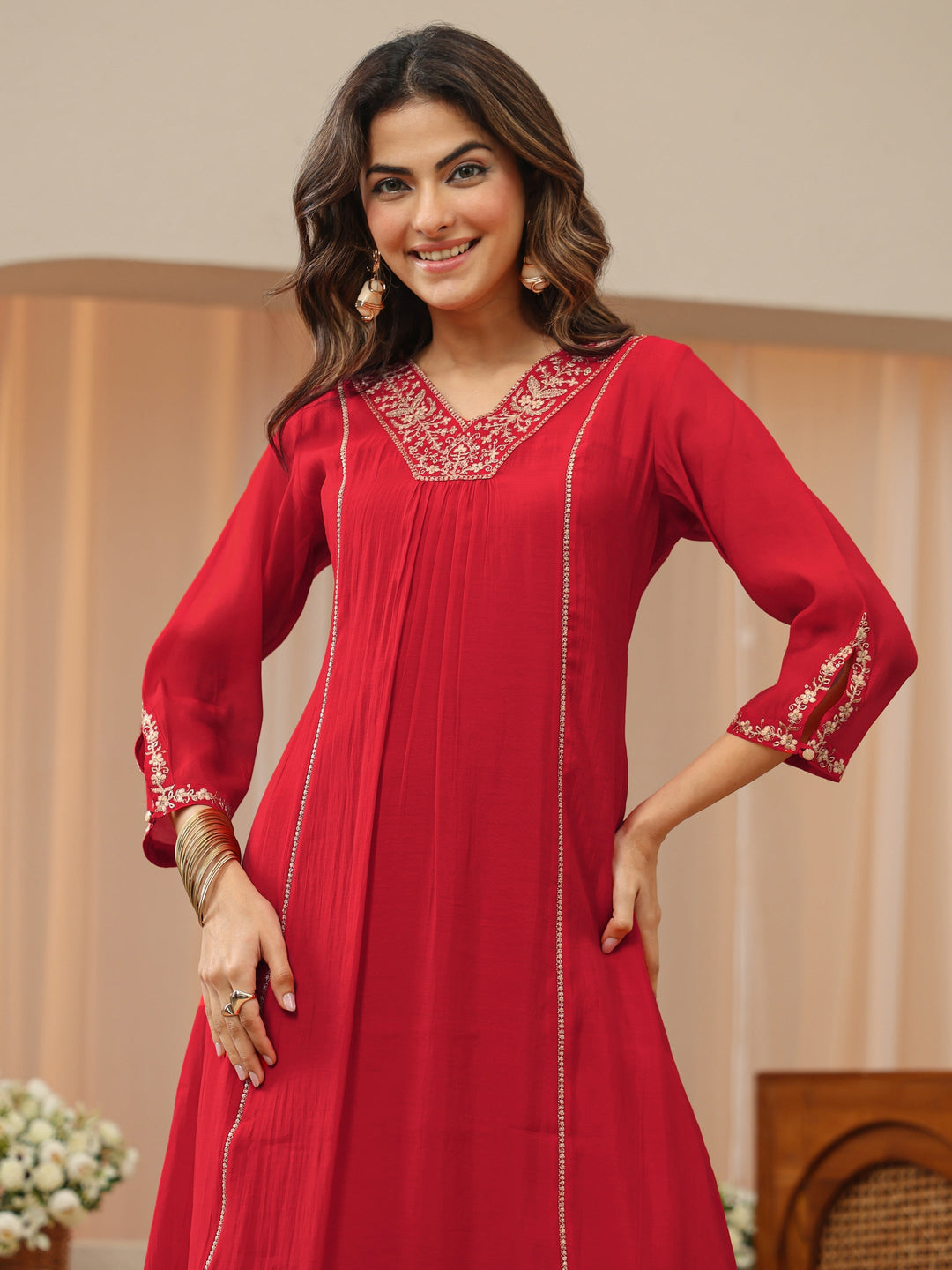  Red Embellished Yoke Silk Blend A-Line Suit Set 