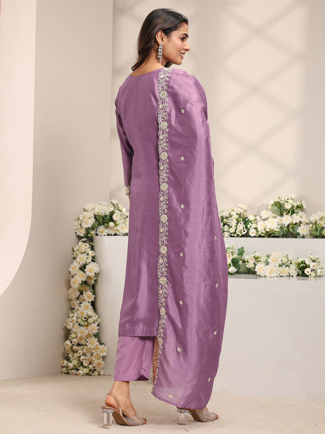  Lavender Floral Embroidered Silk Blend Straight Suit Set With Dupatta 