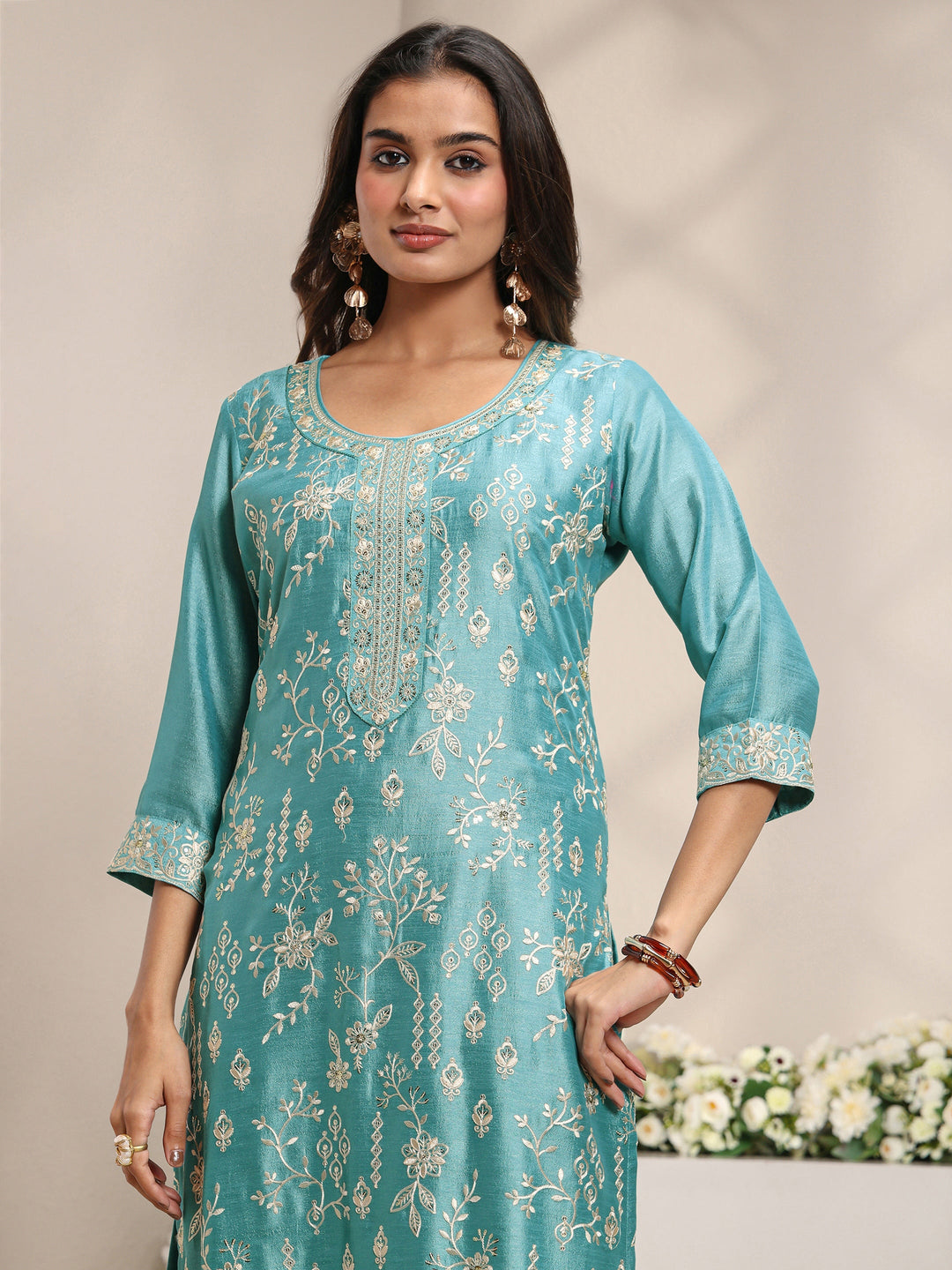  Blue Floral Embroidered Silk Blend Straight Suit Set With Dupatta 