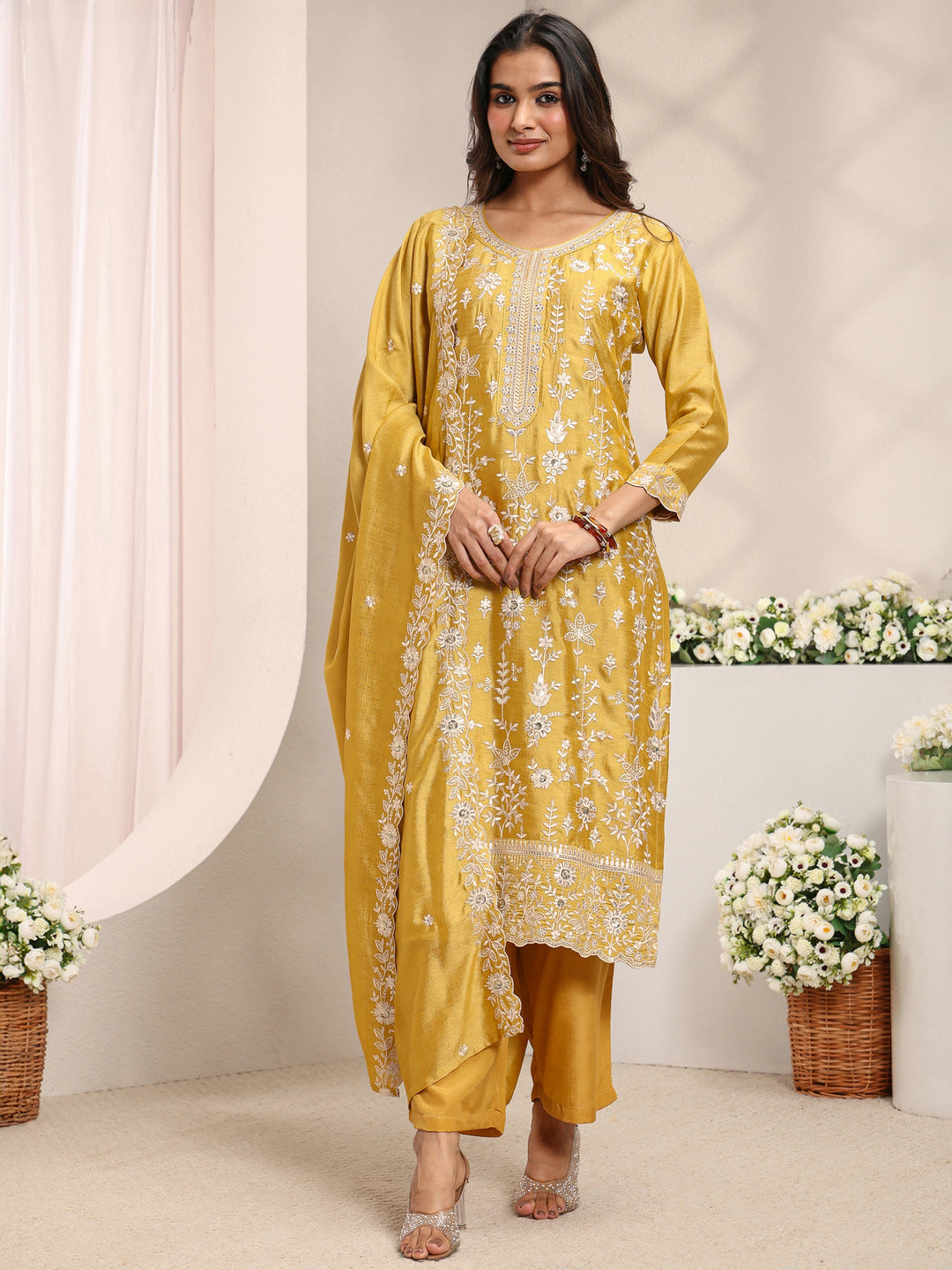  Mustard Floral Embroidered Silk Blend Straight Suit Set With Dupatta 
