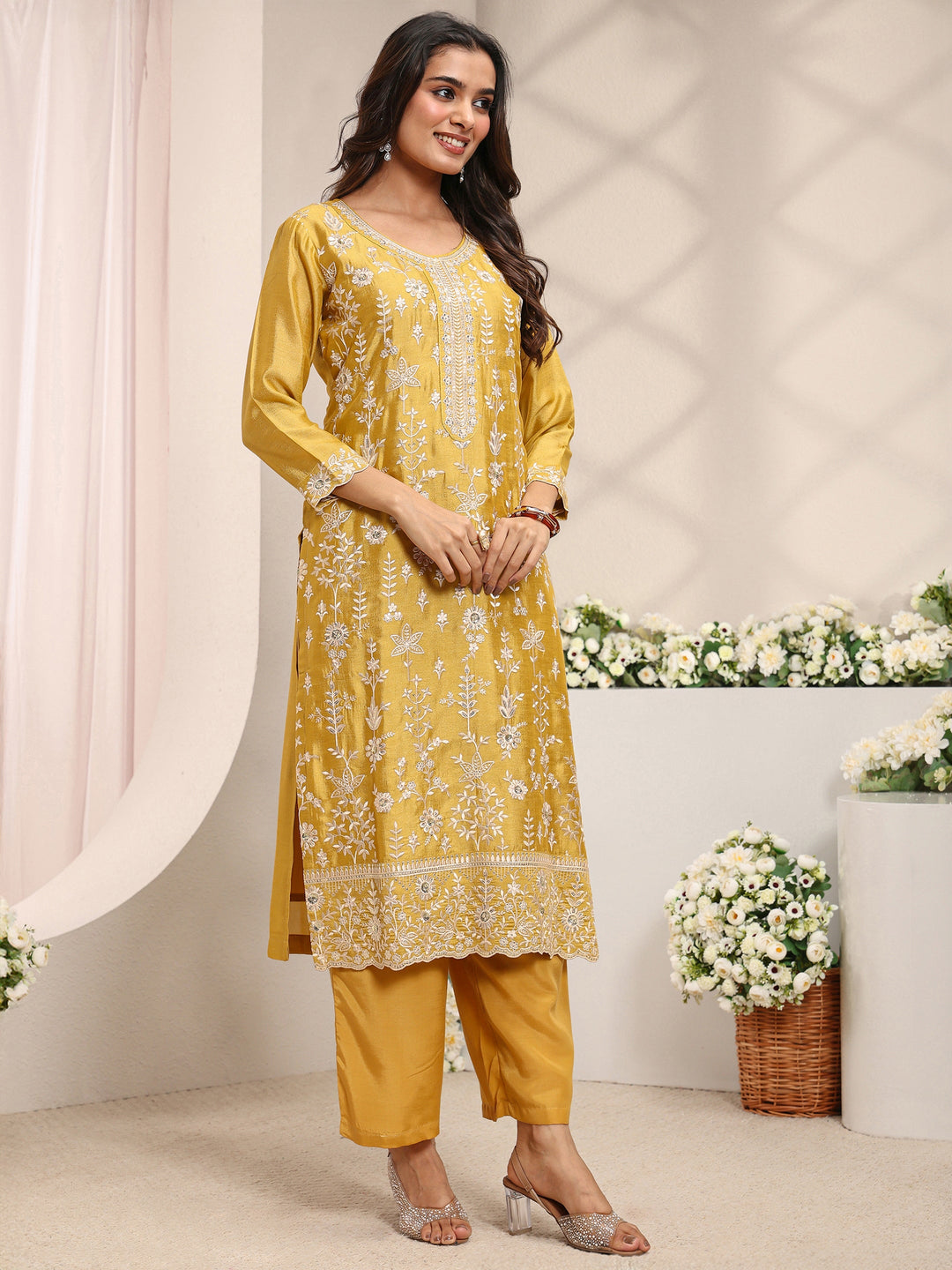  Mustard Floral Embroidered Silk Blend Straight Suit Set With Dupatta 