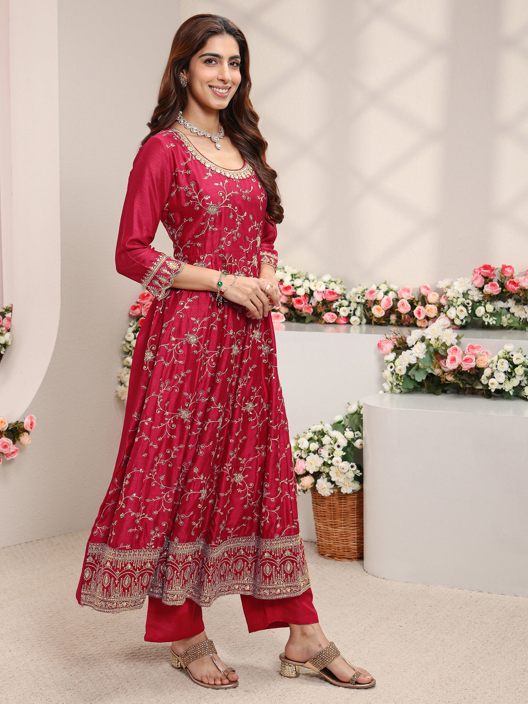  Red Floral Embroidered Silk Blend Anarkali Suit Set With Dupatta 