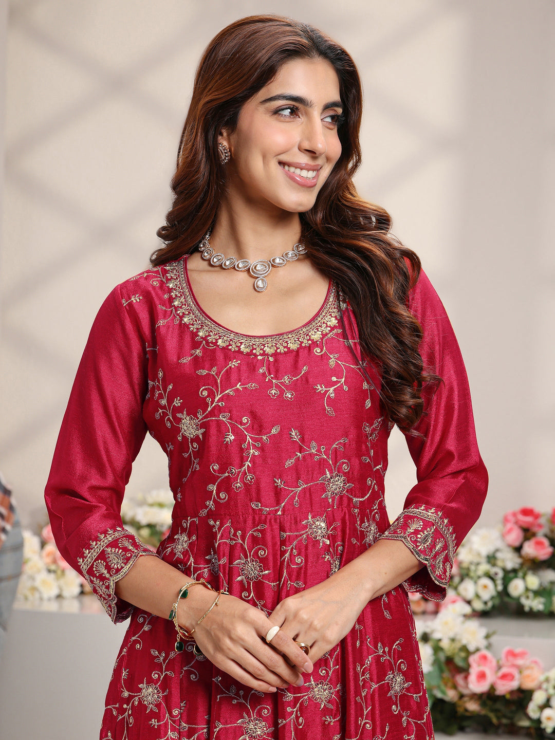  Red Floral Embroidered Silk Blend Anarkali Suit Set With Dupatta 