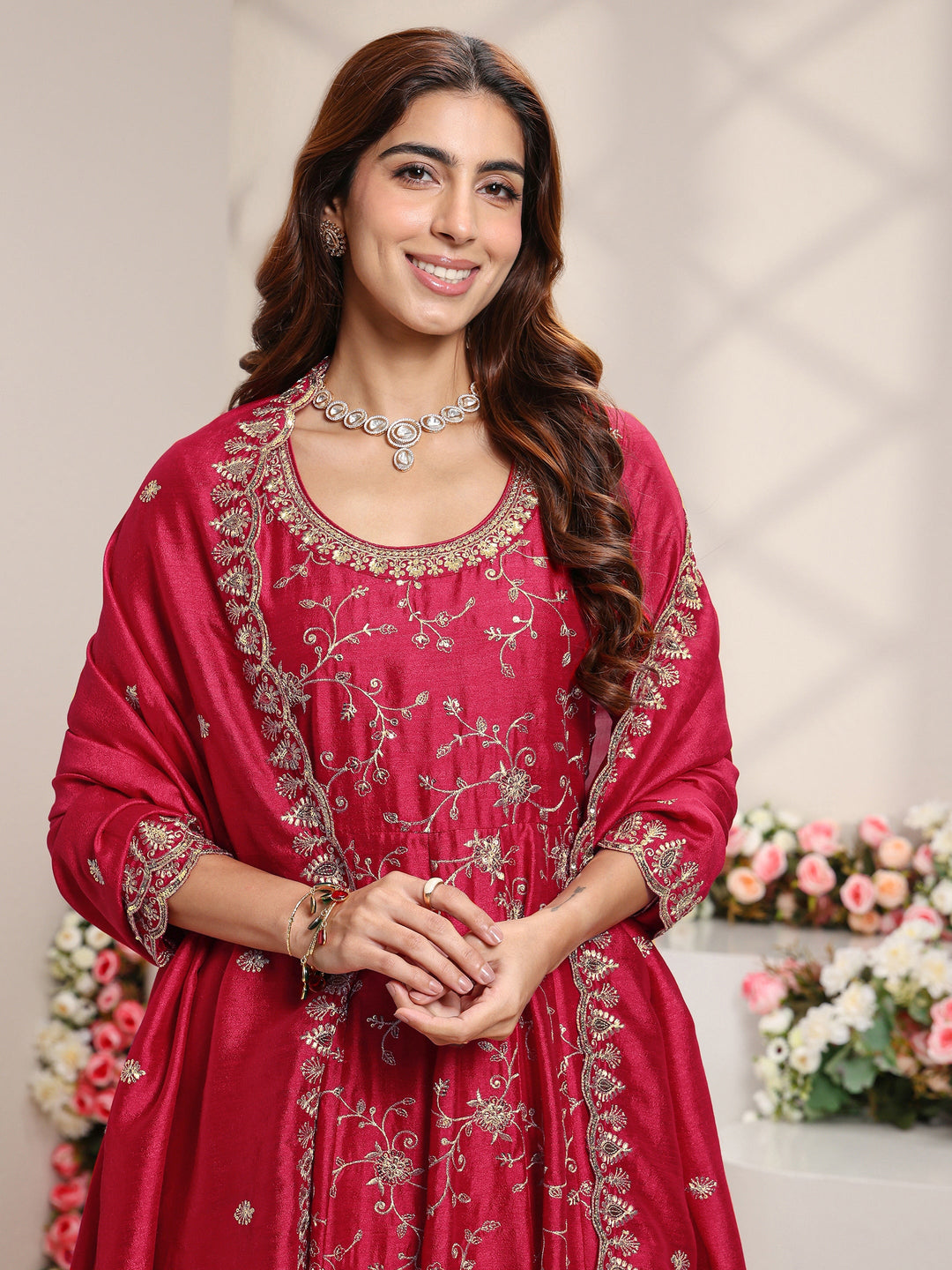 Red Floral Embroidered Silk Blend Anarkali Suit Set With Dupatta 