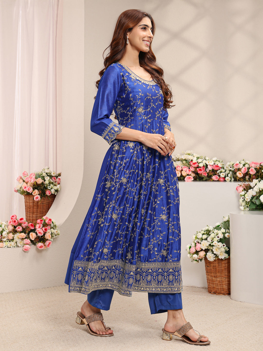  Blue Floral Embroidered Silk Blend Anarkali Suit Set With Dupatta 