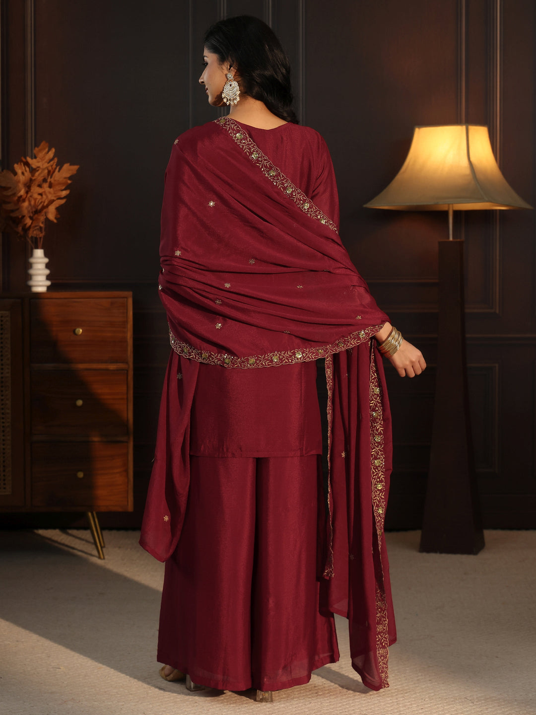  Libas Maroon Sequin Embellished Chinon Palazzo Suit Set 
