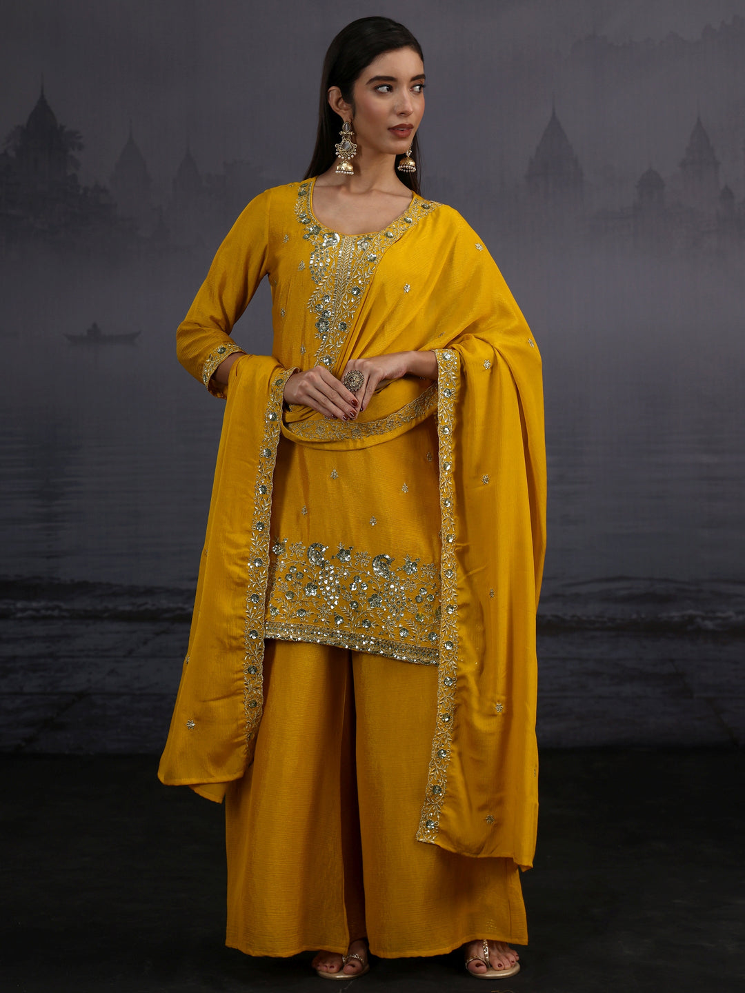  Libas Mustard Sequin Embellished Chinon Palazzo Suit Set 