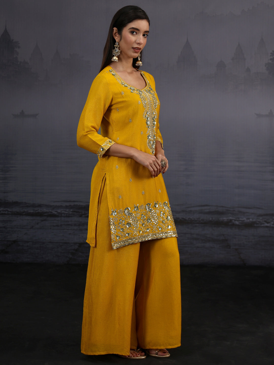  Libas Mustard Sequin Embellished Chinon Palazzo Suit Set 