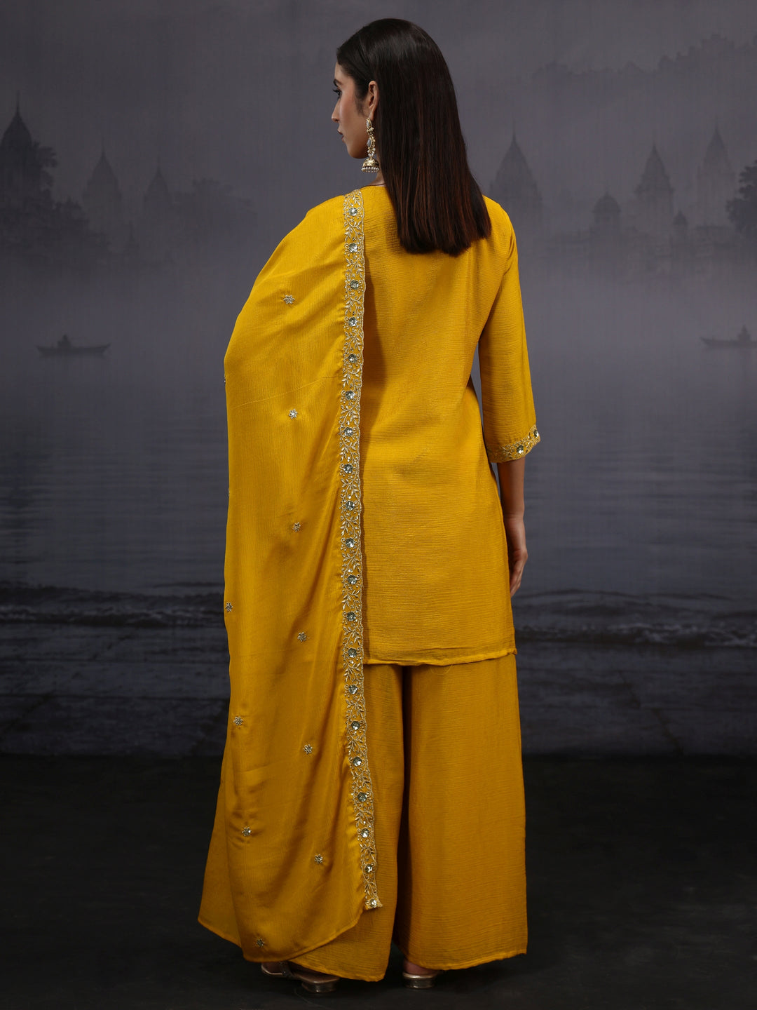  Libas Mustard Sequin Embellished Chinon Palazzo Suit Set 