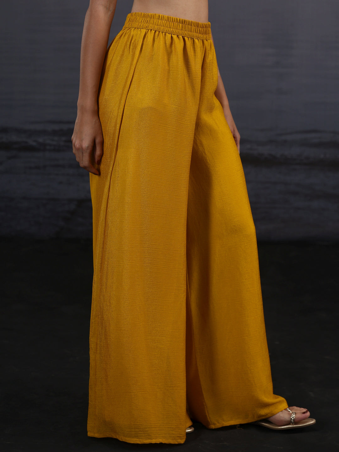  Libas Mustard Sequin Embellished Chinon Palazzo Suit Set 