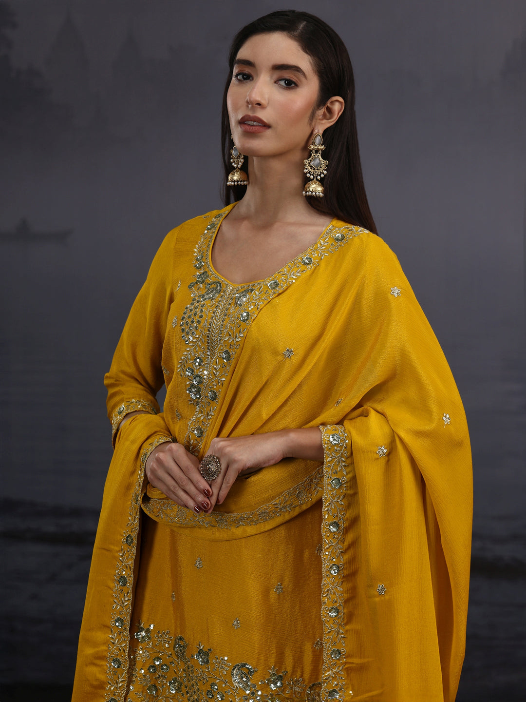  Libas Mustard Sequin Embellished Chinon Palazzo Suit Set 