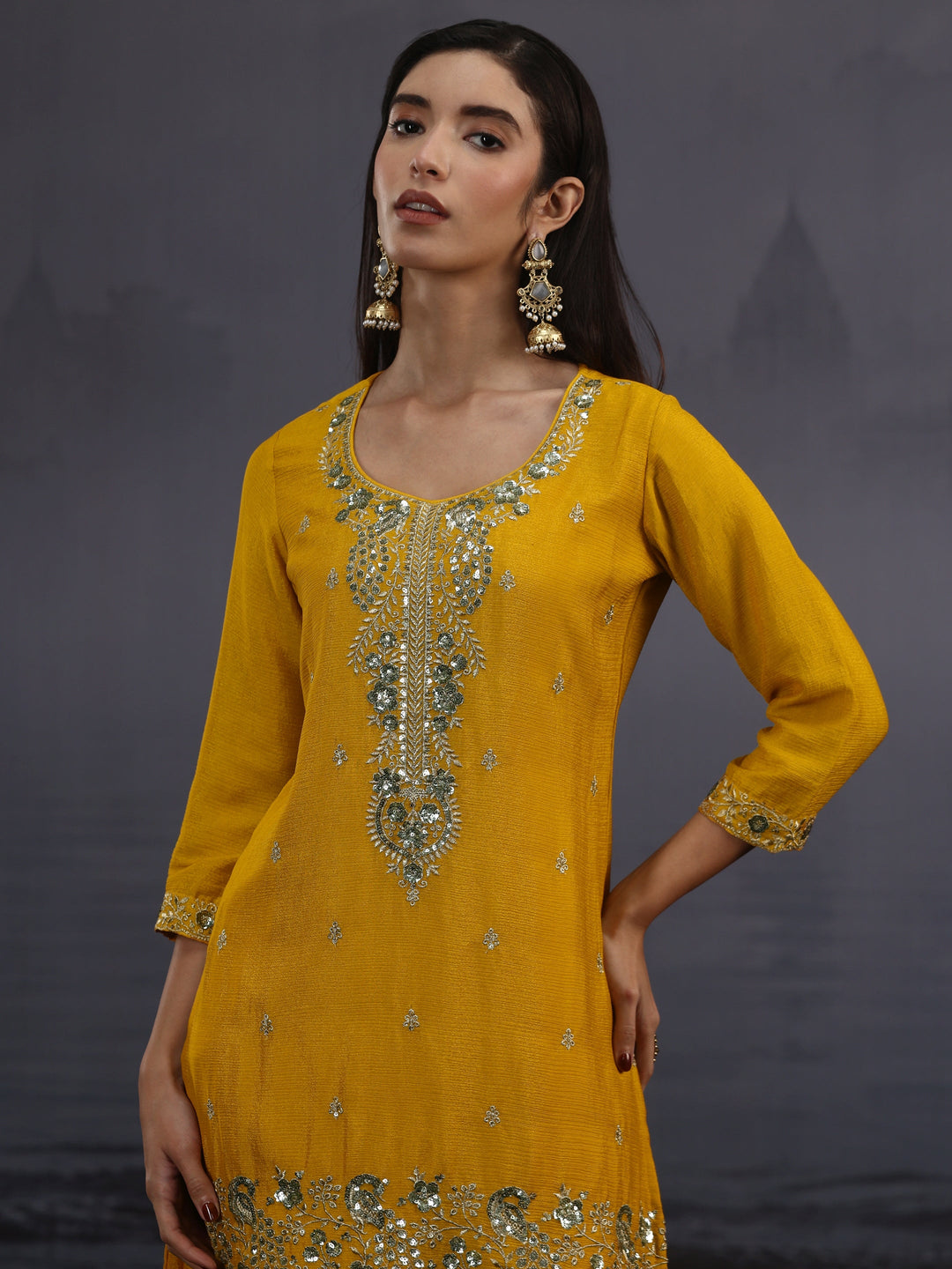  Libas Mustard Sequin Embellished Chinon Palazzo Suit Set 