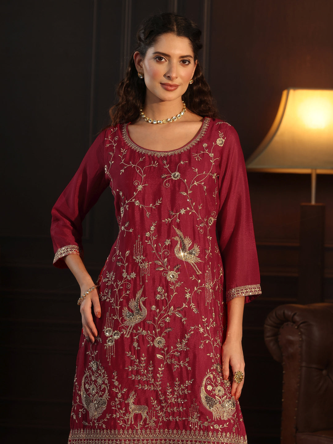  Libas Ruby Red Floral Embroidered Chinon Palazzo Suit Set 