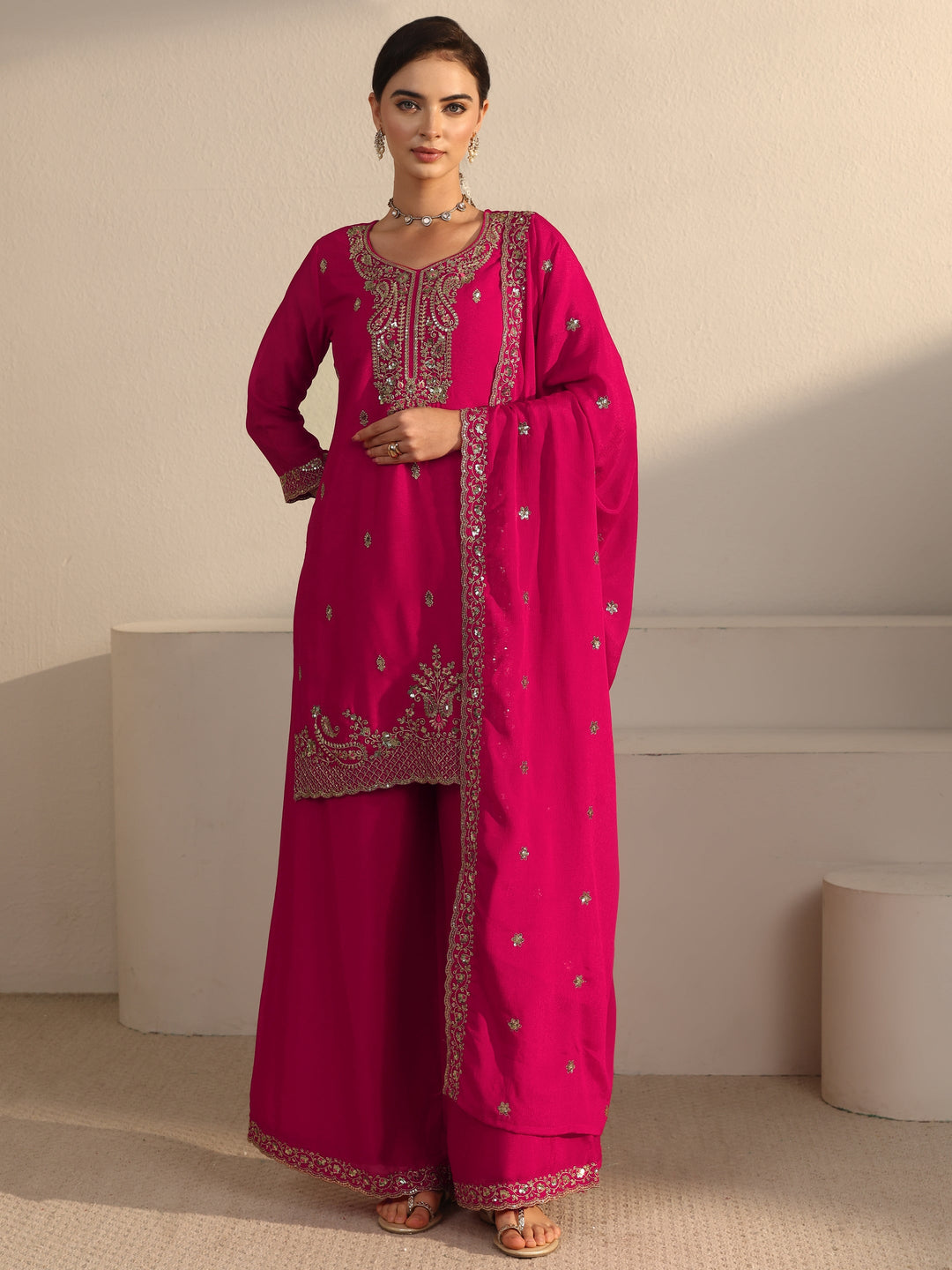  Libas Rani Pink Sequin Embellished Chinon Palazzo Suit Set 