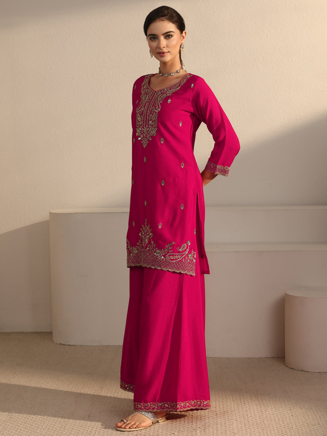  Libas Rani Pink Sequin Embellished Chinon Palazzo Suit Set 