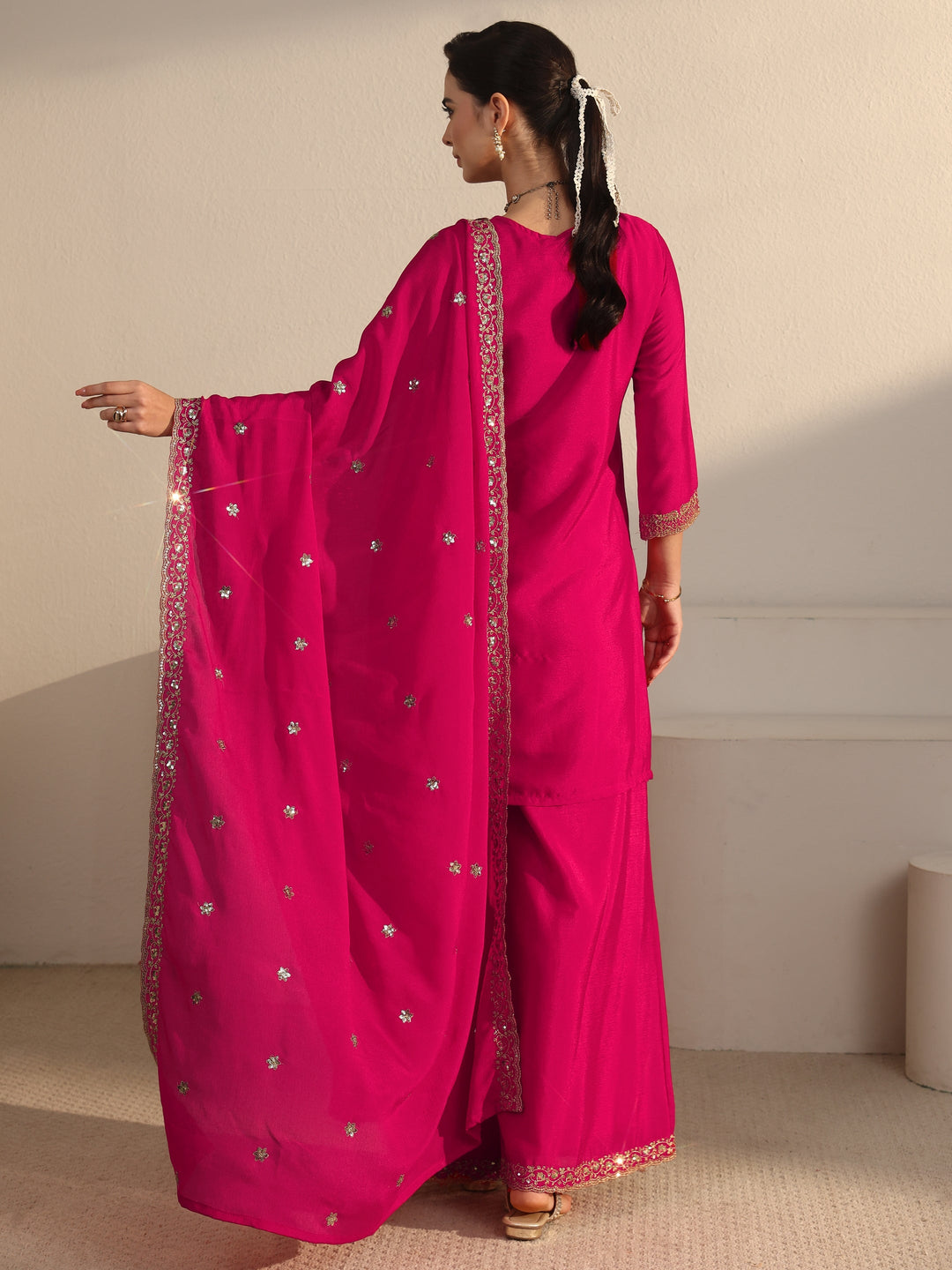  Libas Rani Pink Sequin Embellished Chinon Palazzo Suit Set 