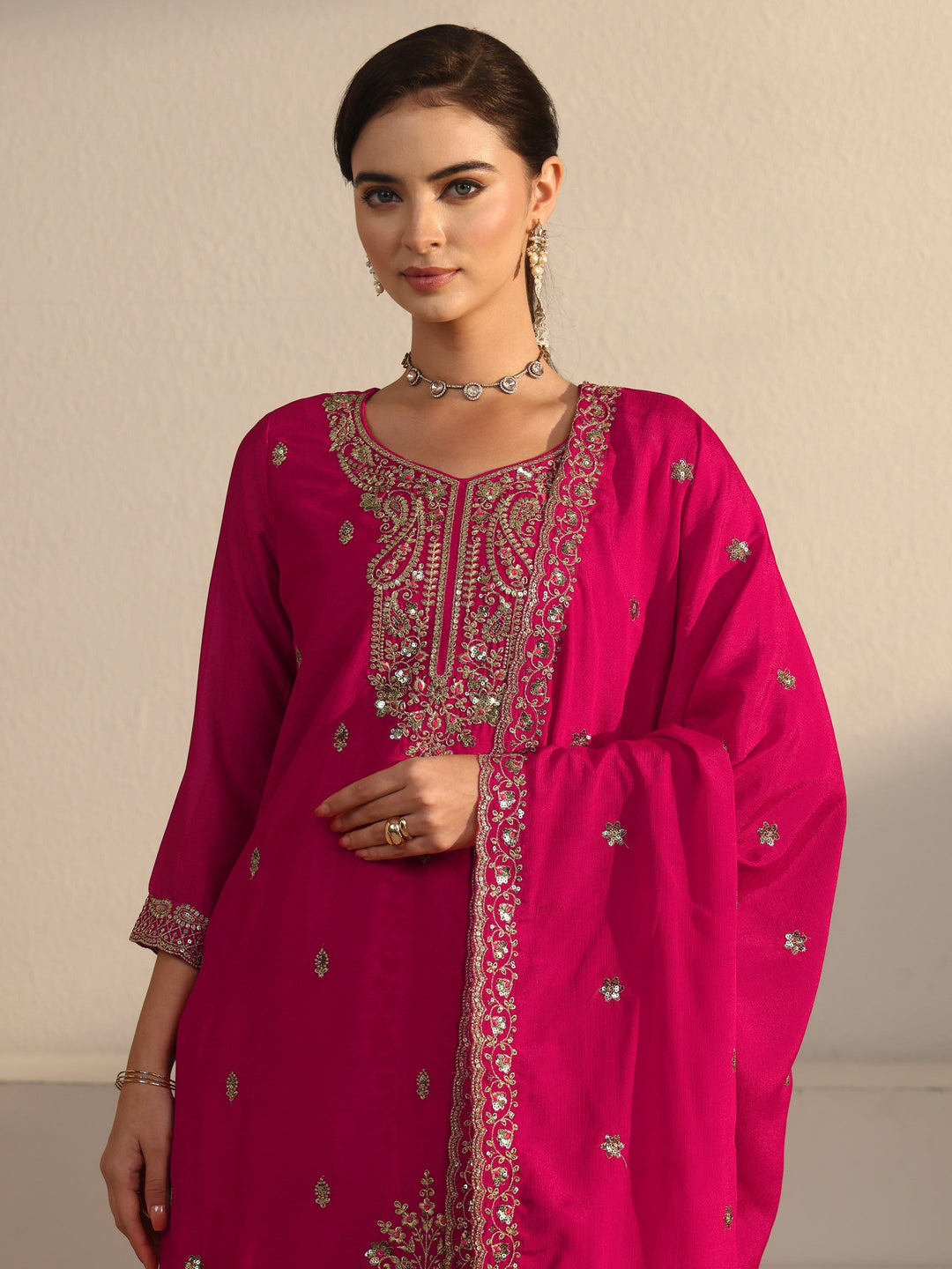  Libas Rani Pink Sequin Embellished Chinon Palazzo Suit Set 