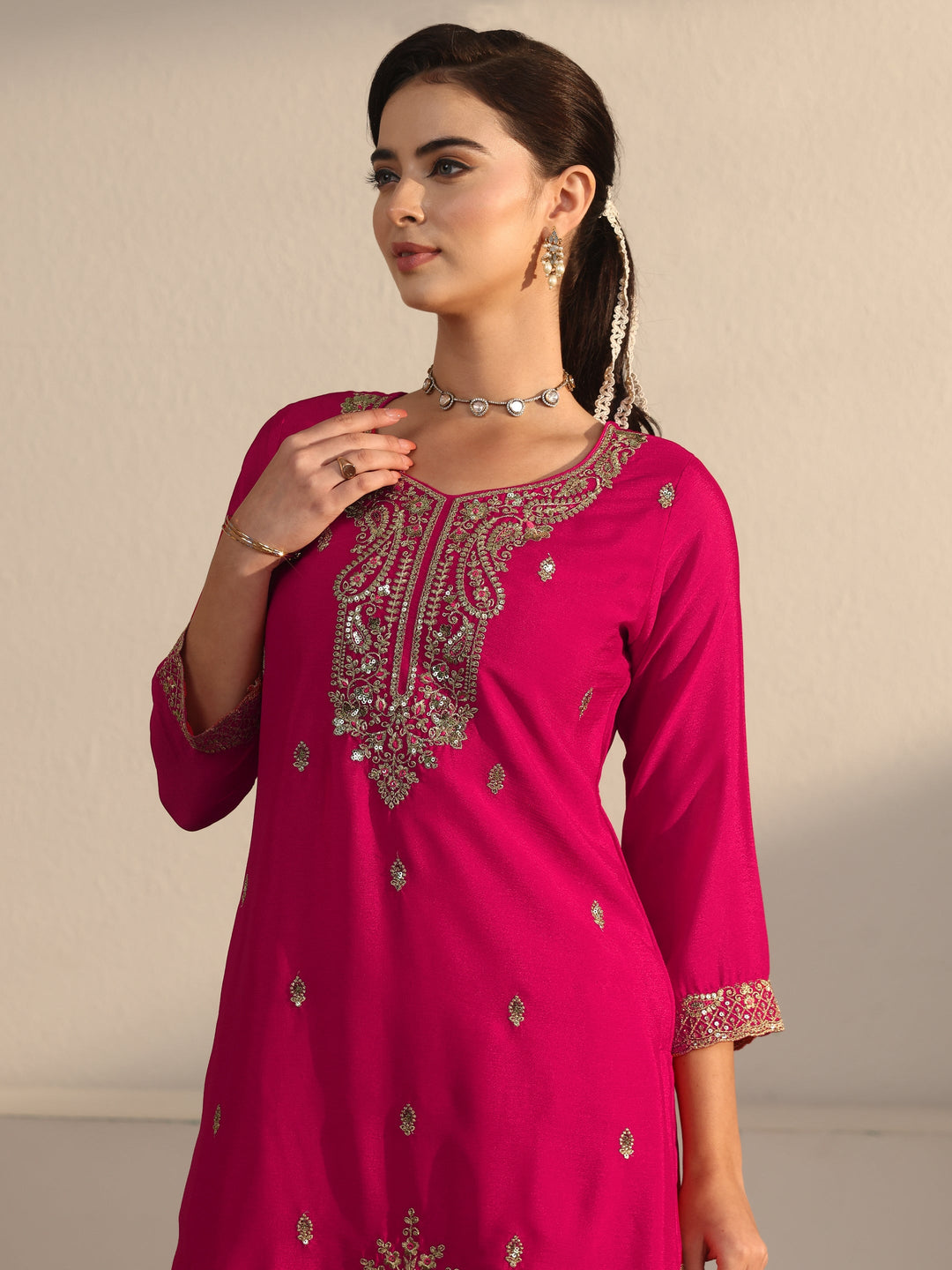  Libas Rani Pink Sequin Embellished Chinon Palazzo Suit Set 