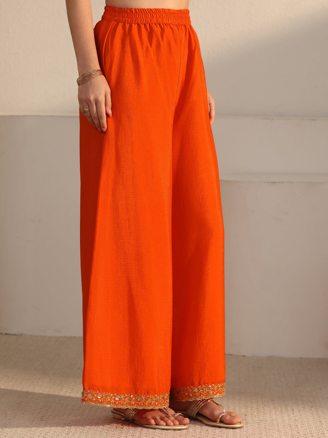  Libas Orange Sequin Embellished Chinon Palazzo Suit Set 