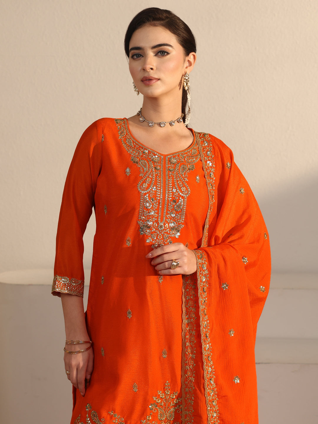  Libas Orange Sequin Embellished Chinon Palazzo Suit Set 