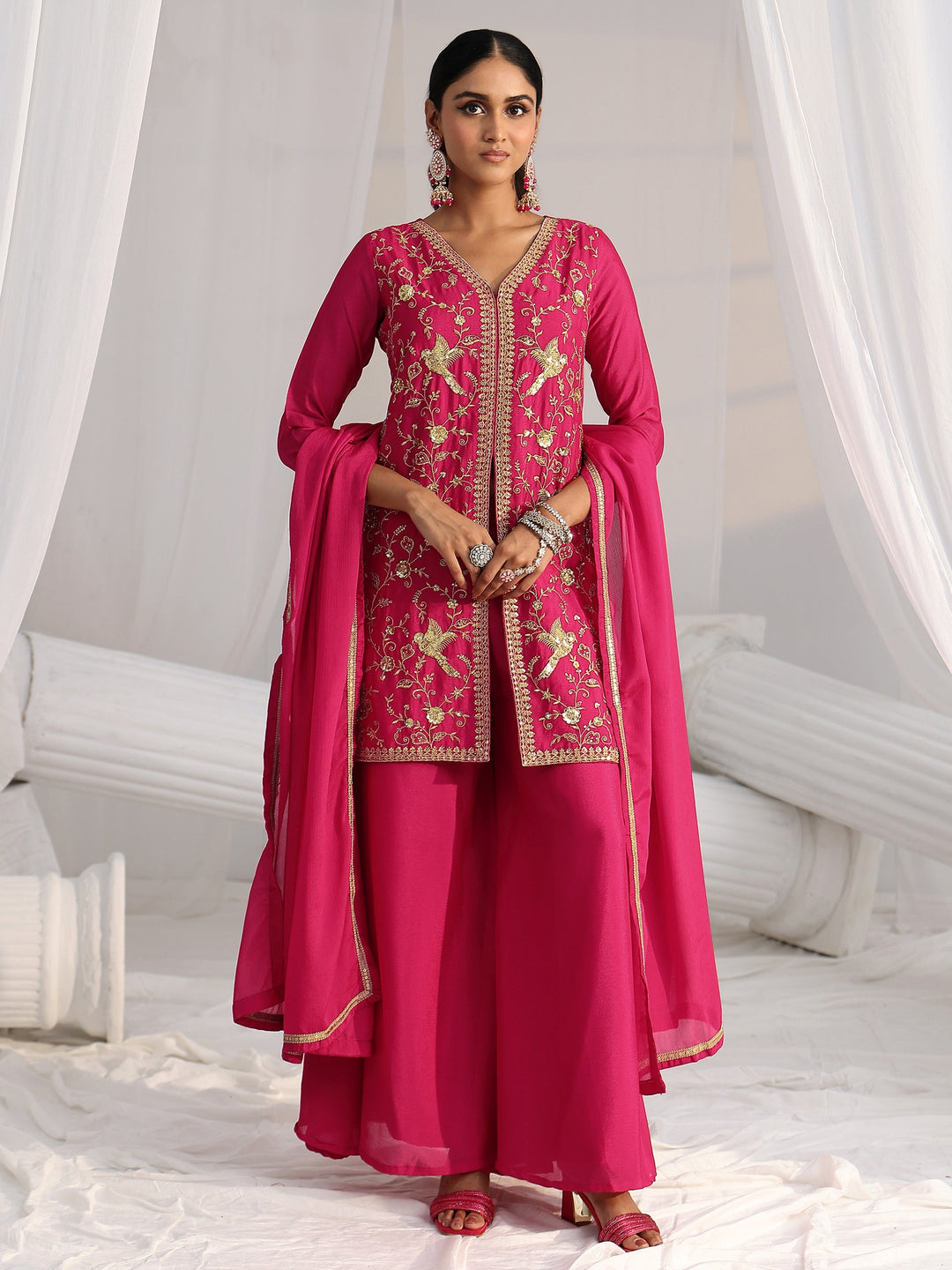  Libas Rani Pink Embroidered Front Slit Chinon Palazzo Suit Set 