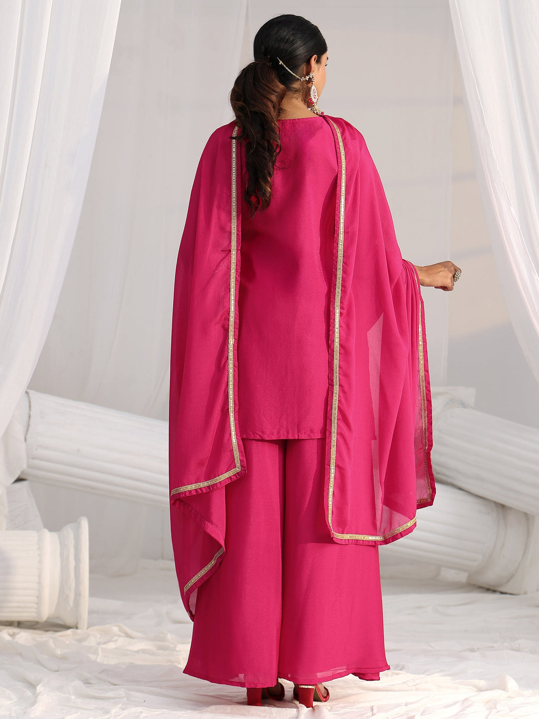  Libas Rani Pink Embroidered Front Slit Chinon Palazzo Suit Set 