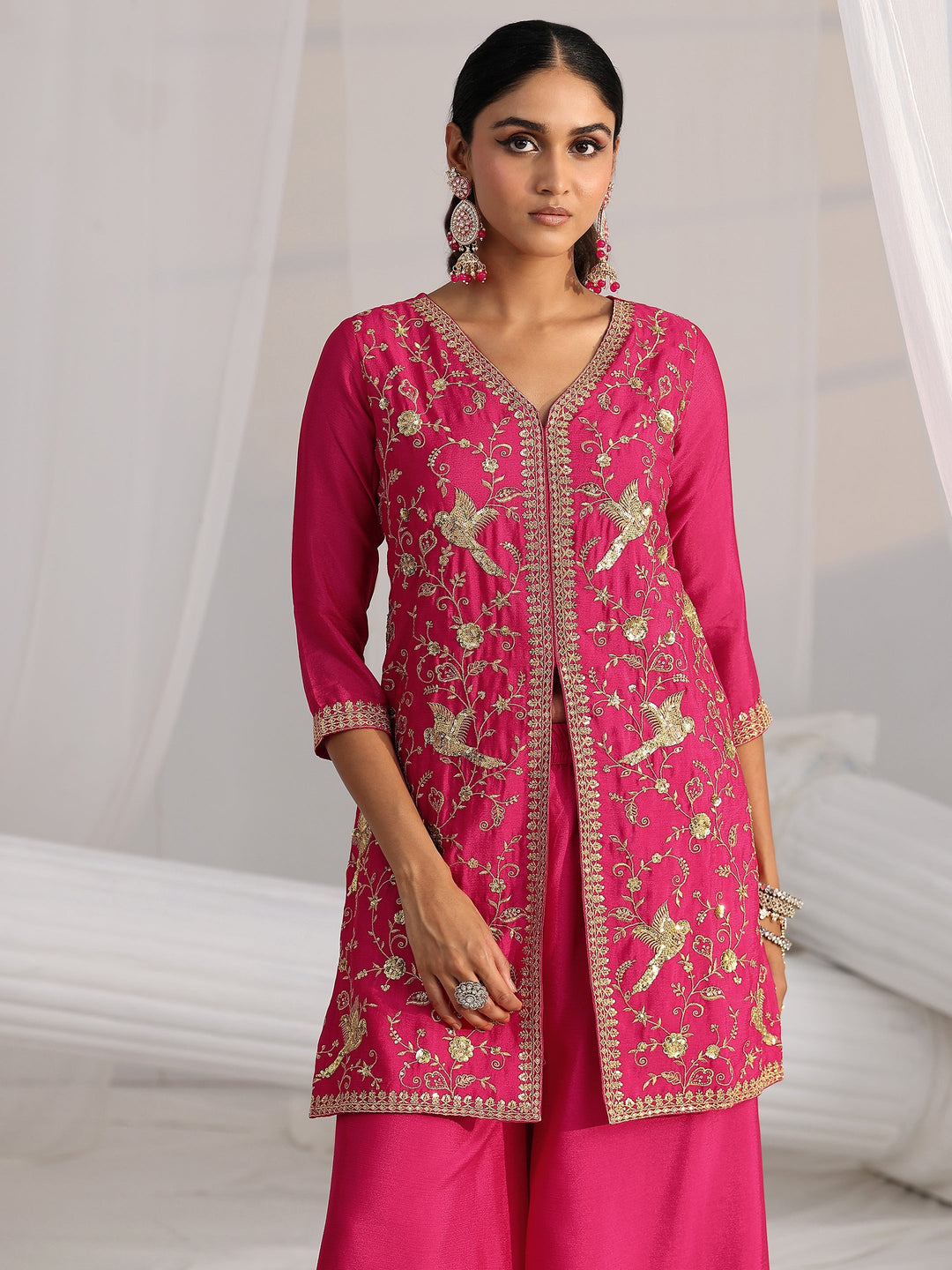  Libas Rani Pink Embroidered Front Slit Chinon Palazzo Suit Set 