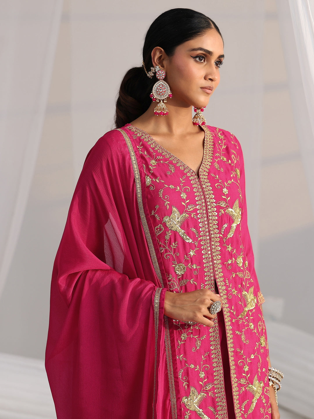  Libas Rani Pink Embroidered Front Slit Chinon Palazzo Suit Set 