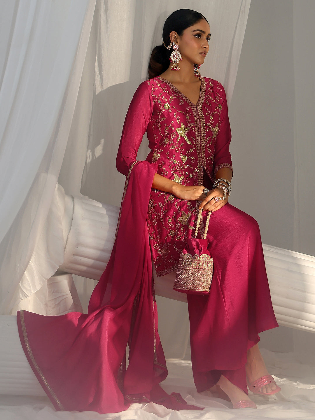  Libas Rani Pink Embroidered Front Slit Chinon Palazzo Suit Set 