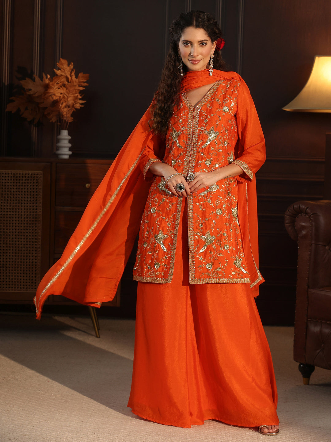  Libas Orange Sequin Embellished Chinon Palazzo Suit Set 