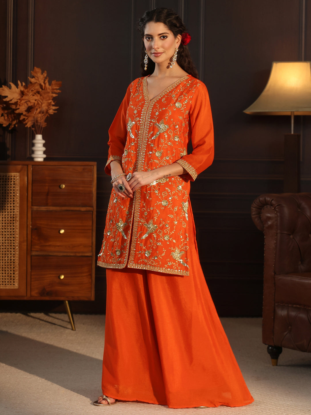  Libas Orange Sequin Embellished Chinon Palazzo Suit Set 