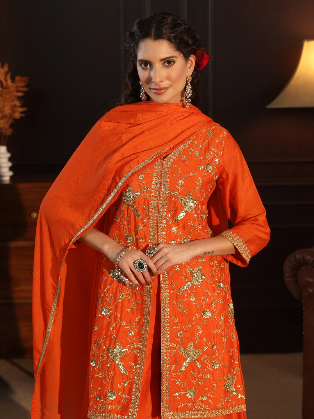  Libas Orange Sequin Embellished Chinon Palazzo Suit Set 