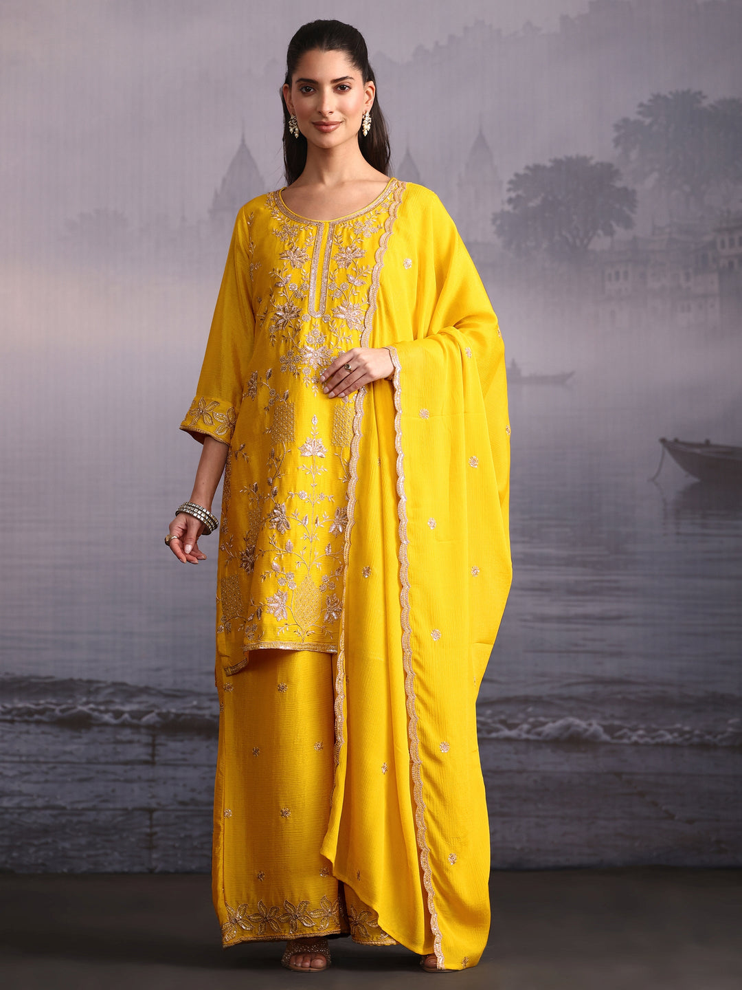  Libas Yellow Floral Embellished Chinon Palazzo Suit Set 
