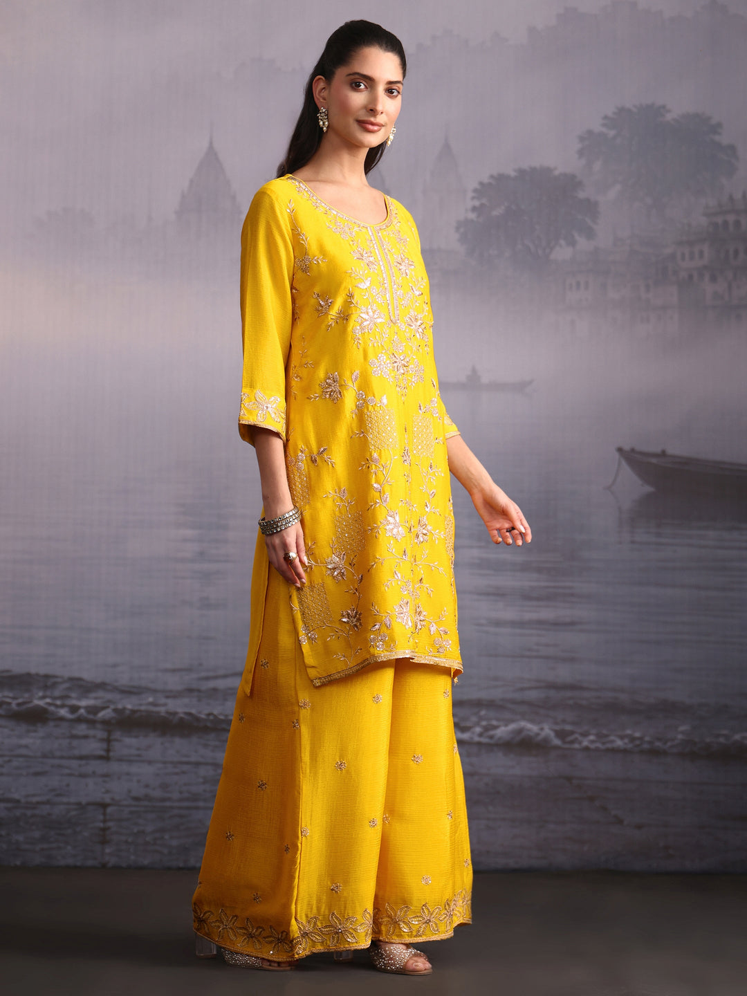  Libas Yellow Floral Embellished Chinon Palazzo Suit Set 