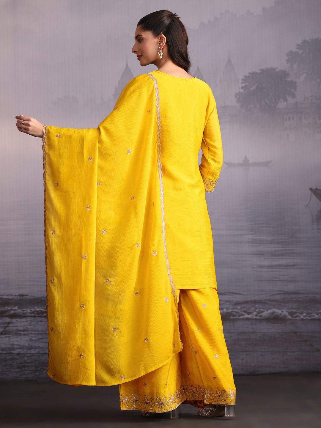  Libas Yellow Floral Embellished Chinon Palazzo Suit Set 