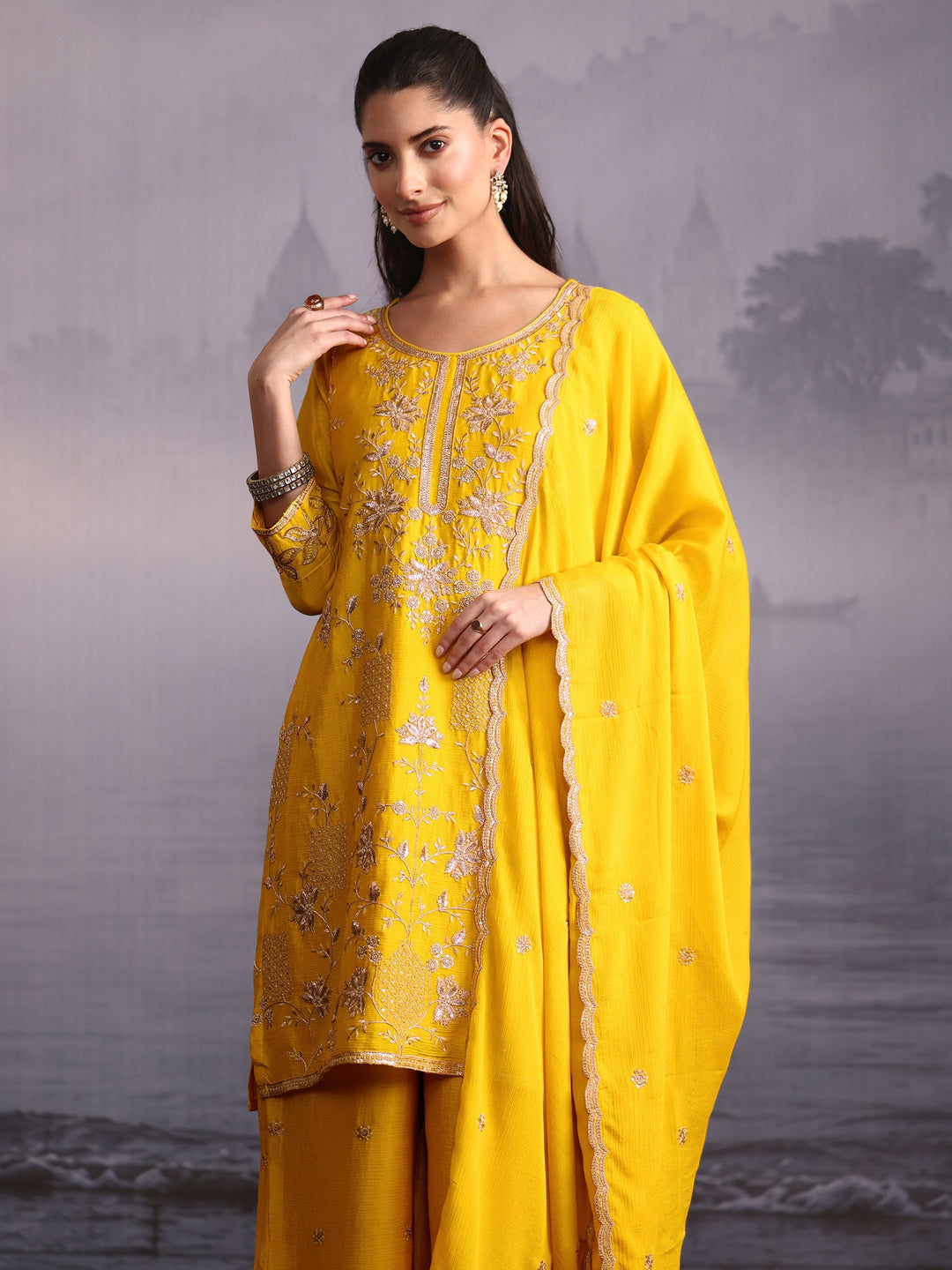  Libas Yellow Floral Embellished Chinon Palazzo Suit Set 