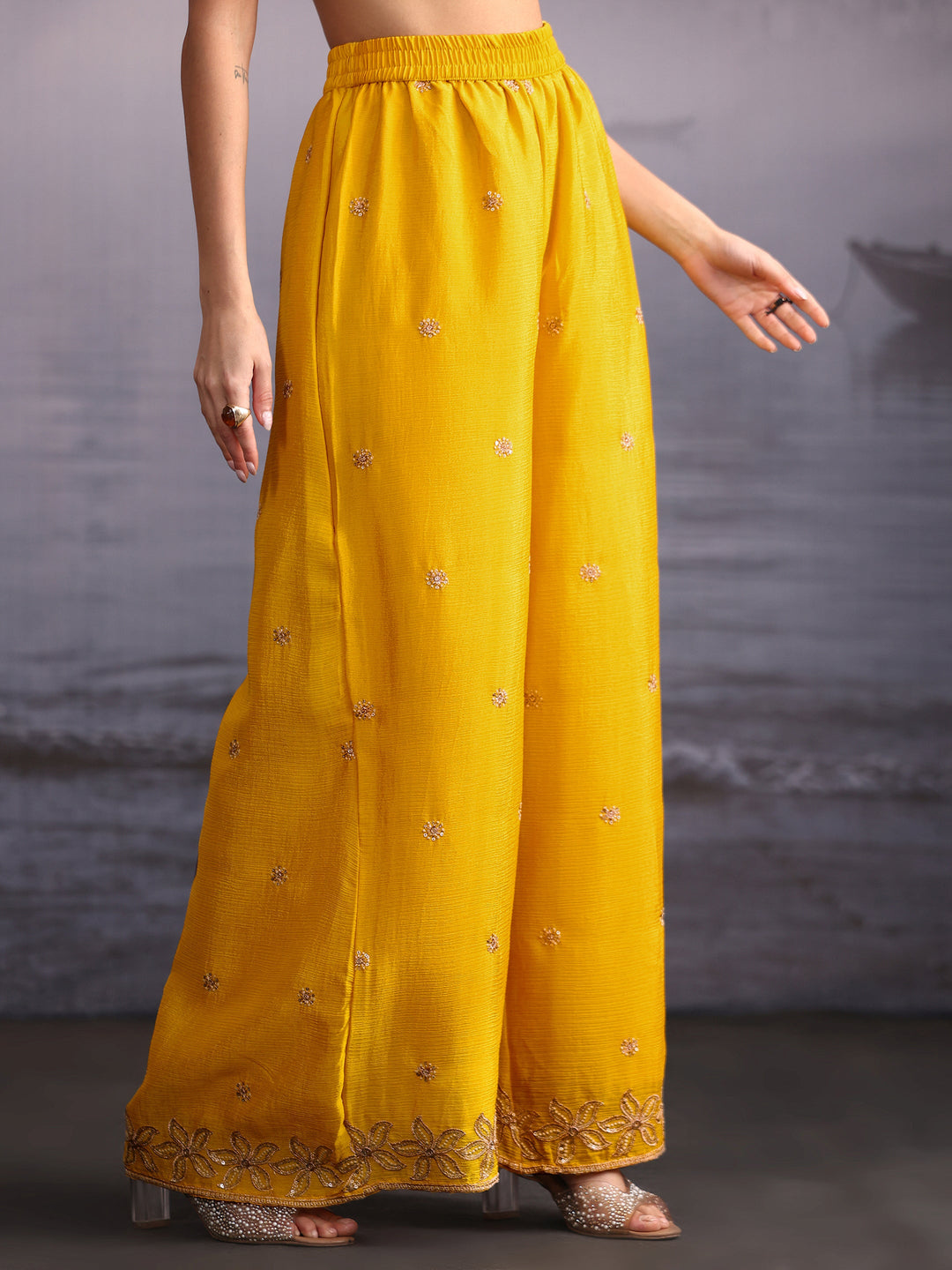  Libas Yellow Floral Embellished Chinon Palazzo Suit Set 