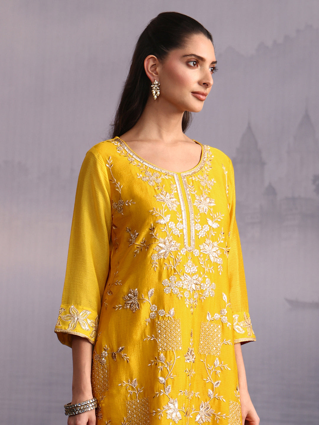  Libas Yellow Floral Embellished Chinon Palazzo Suit Set 