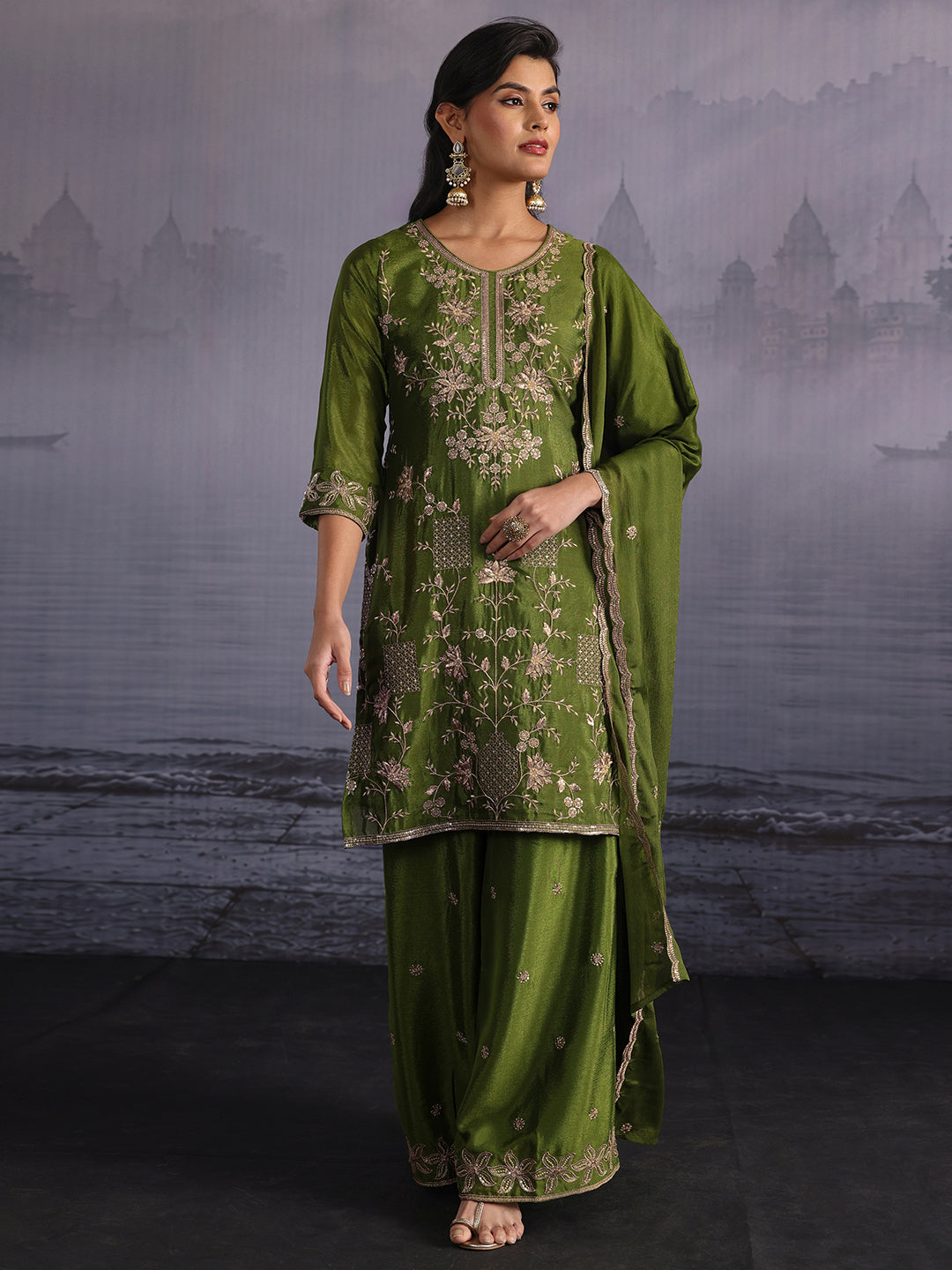  Libas Olive Green Floral Embroidered Chinon Palazzo Suit Set 