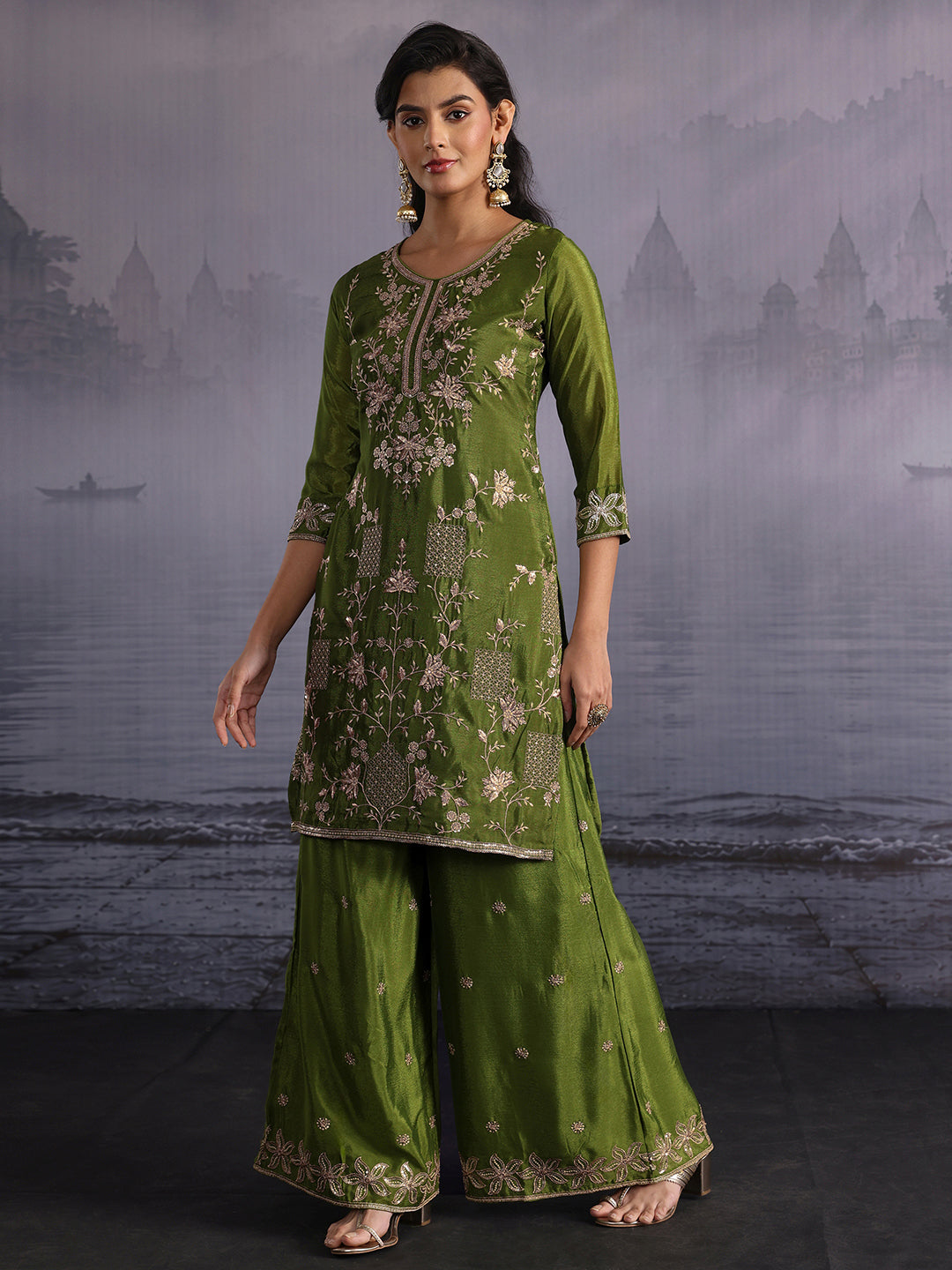  Libas Olive Green Floral Embroidered Chinon Palazzo Suit Set 