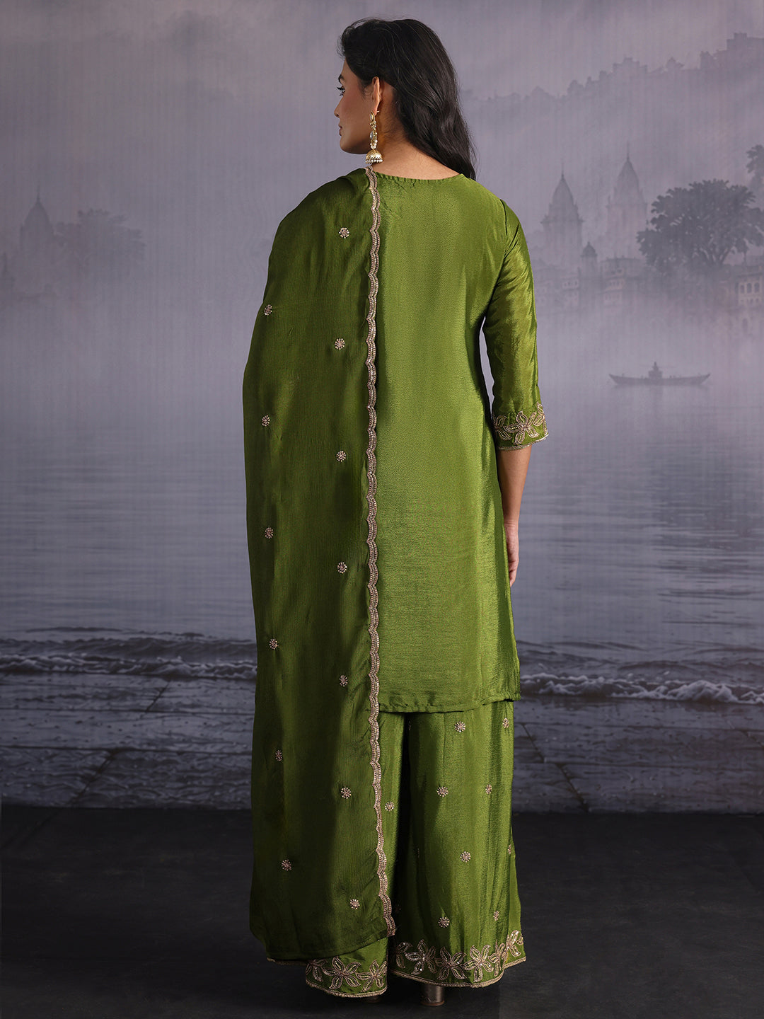 Libas Olive Green Floral Embroidered Chinon Palazzo Suit Set 