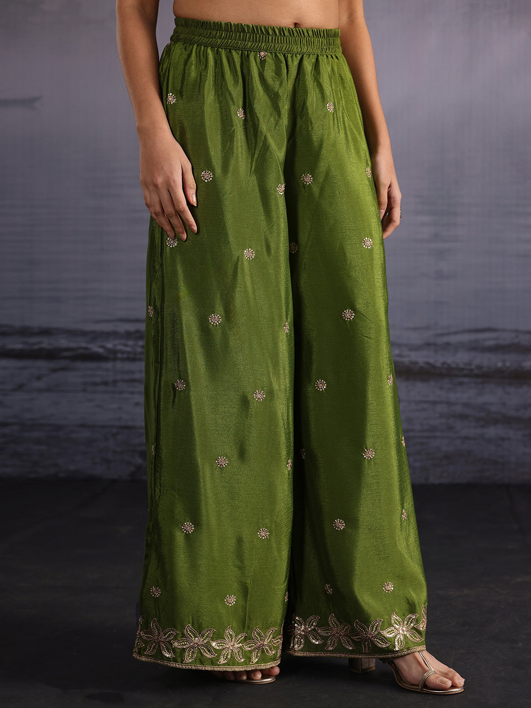  Libas Olive Green Floral Embroidered Chinon Palazzo Suit Set 