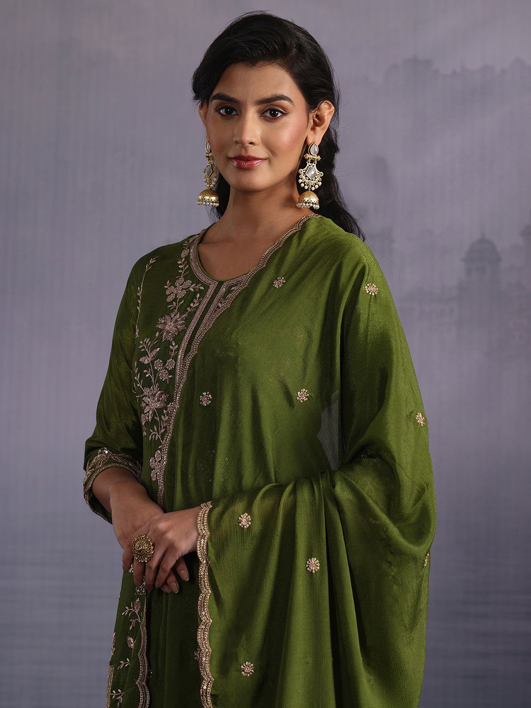  Libas Olive Green Floral Embroidered Chinon Palazzo Suit Set 