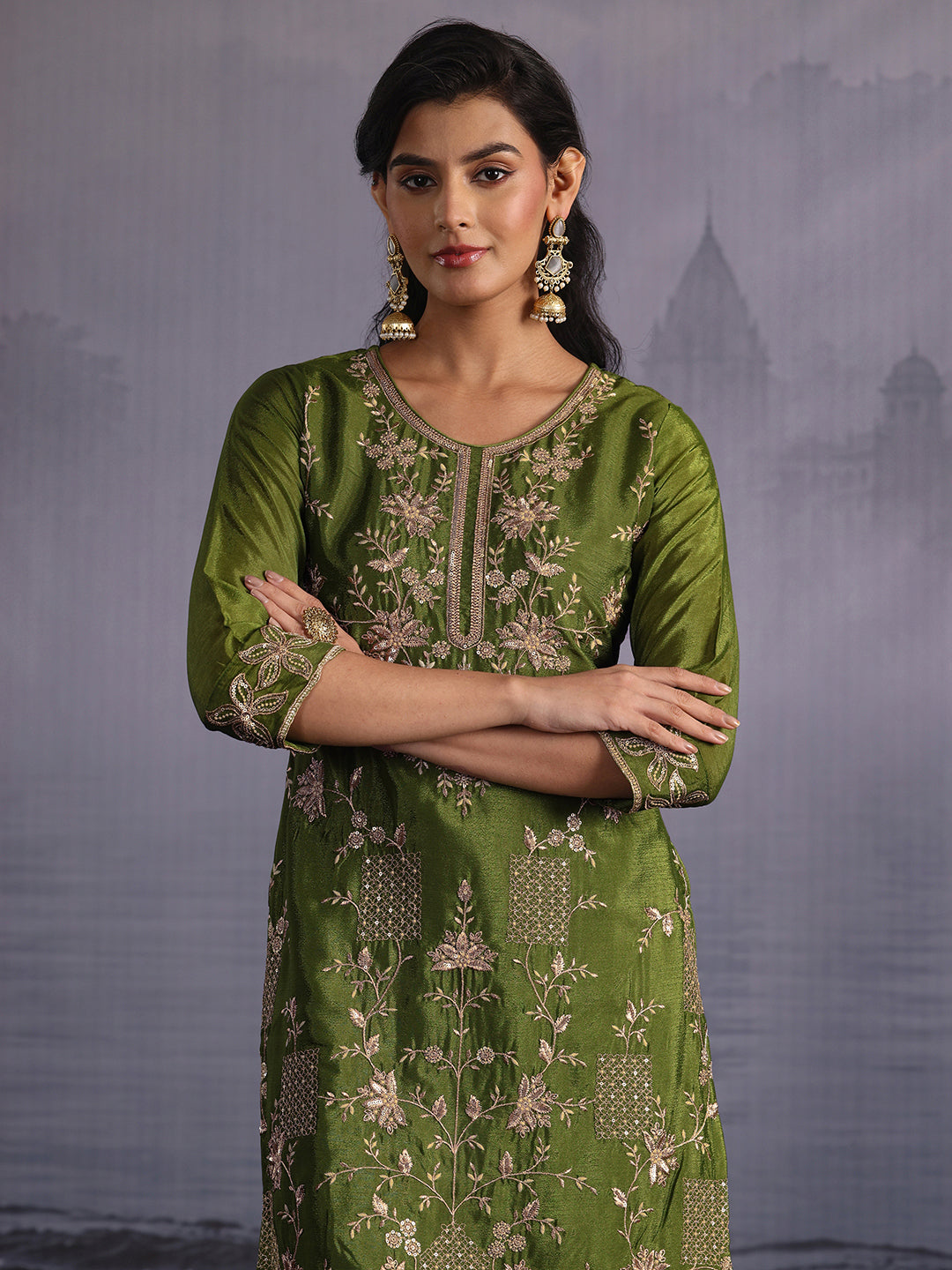  Libas Olive Green Floral Embroidered Chinon Palazzo Suit Set 