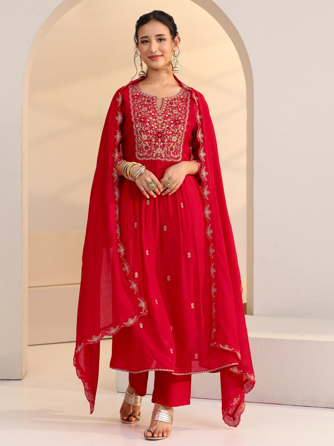  Red Floral Embellished Chanderi Cotton A-Line Suit Set 