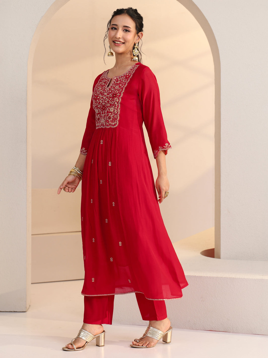  Red Floral Embellished Chanderi Cotton A-Line Suit Set 