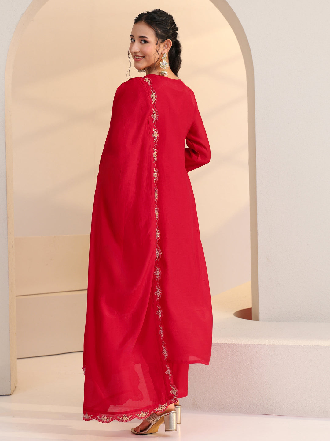  Red Floral Embellished Chanderi Cotton A-Line Suit Set 