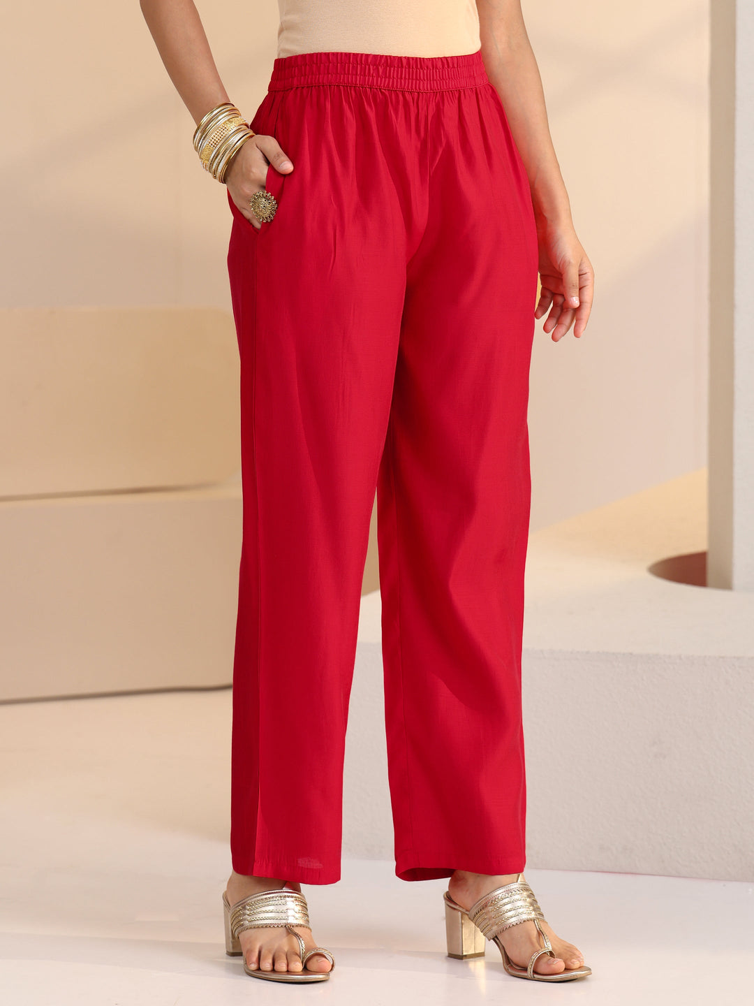  Red Floral Embellished Chanderi Cotton A-Line Suit Set 